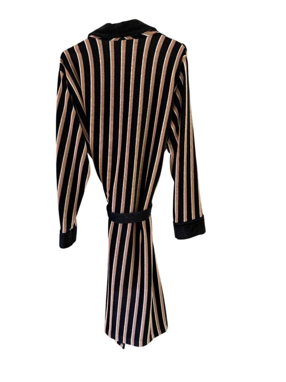 St. Michael Mens Striped Velour Feel Self Wrap Robe Size Large Black Tan Vintage - Picture 2 of 8